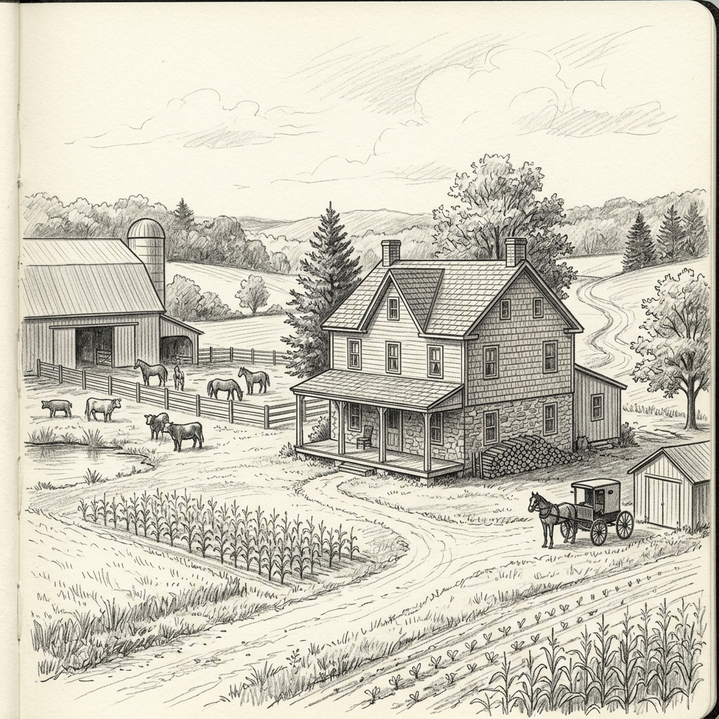 Pencil sketch of a farmhouse, barn, fenced animals, crops, and a horse-drawn buggy on a dirt path